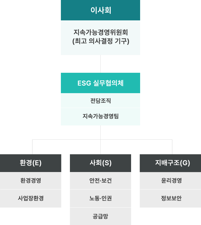 대표이사 산하 ESG 전담조직과 환경, 사회, 지배구조 실행 조직도